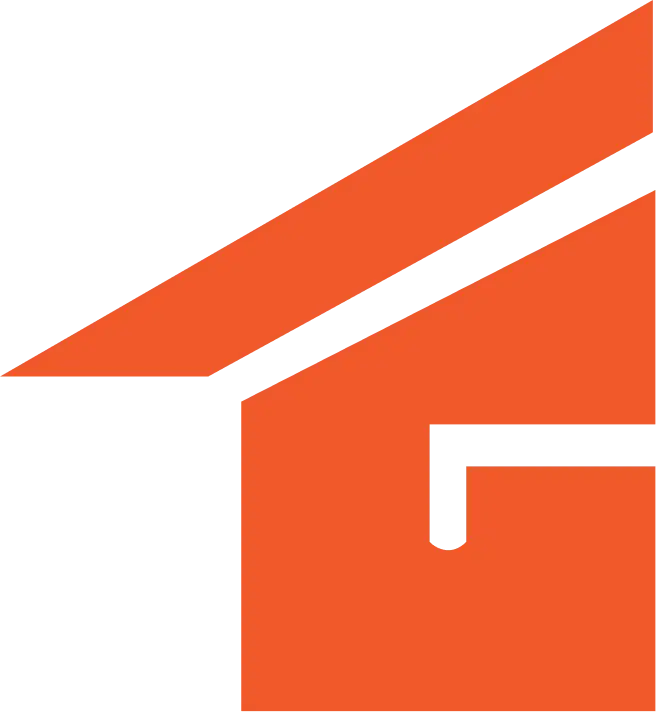 Abstract orange and black geometric shape resembling part of a house with a slanted roof and a square window. The minimalistic design features sharp angles and bold colors, perfect for representing Roofing Melbourne.