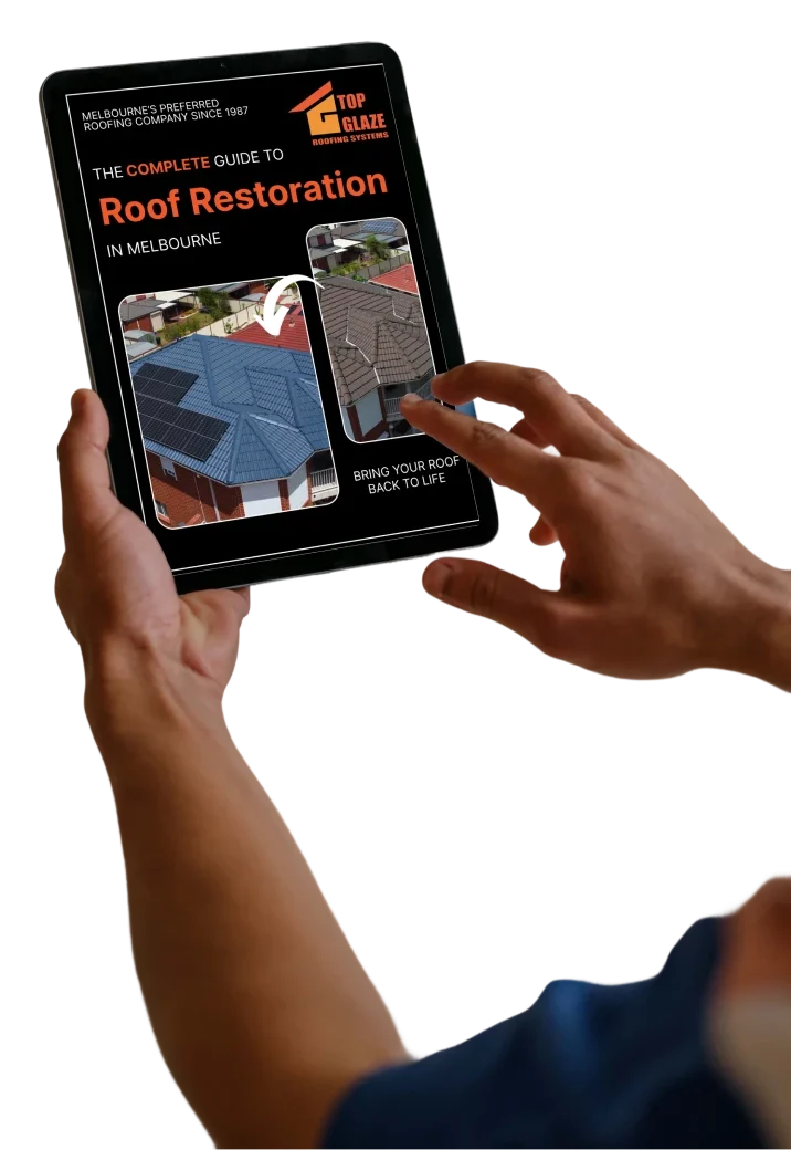 Tablet showing Melbourne roofing repair and restoration e-book.
