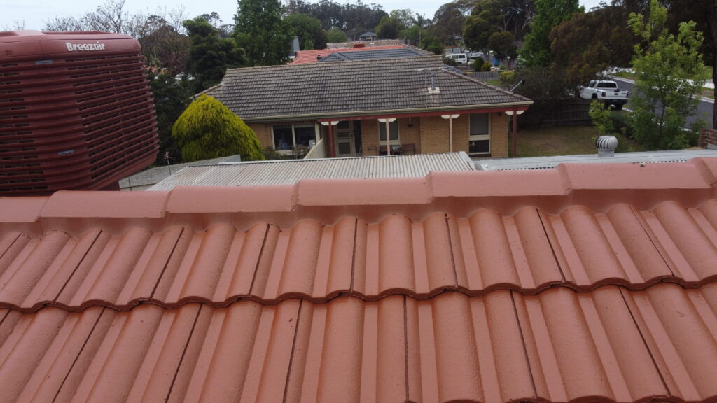 Close-up top view of a red tile roof in Cranbourne showing clean ridge capping, multiple vent pipes, and a well-maintained backyard area with plants and furniture.