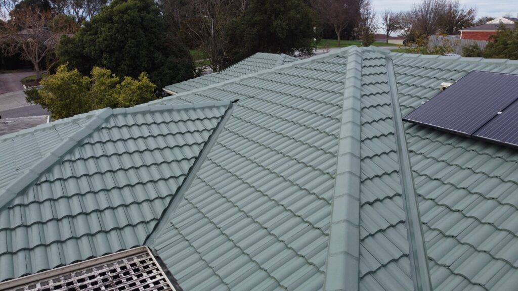 Melbourne roof with green tiles, solar panel—restoration, repair inspiration.