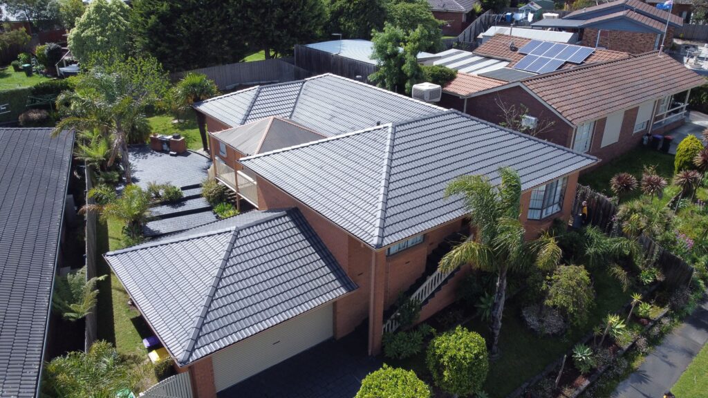 Aerial view Melbourne house, tiled roof, suited for roofing repair or restoration.